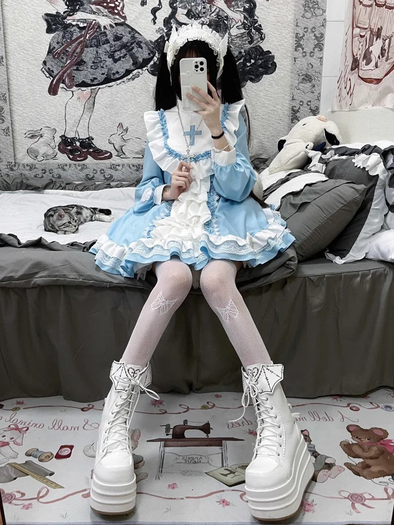 Blue Harajuku dress with half ruffle