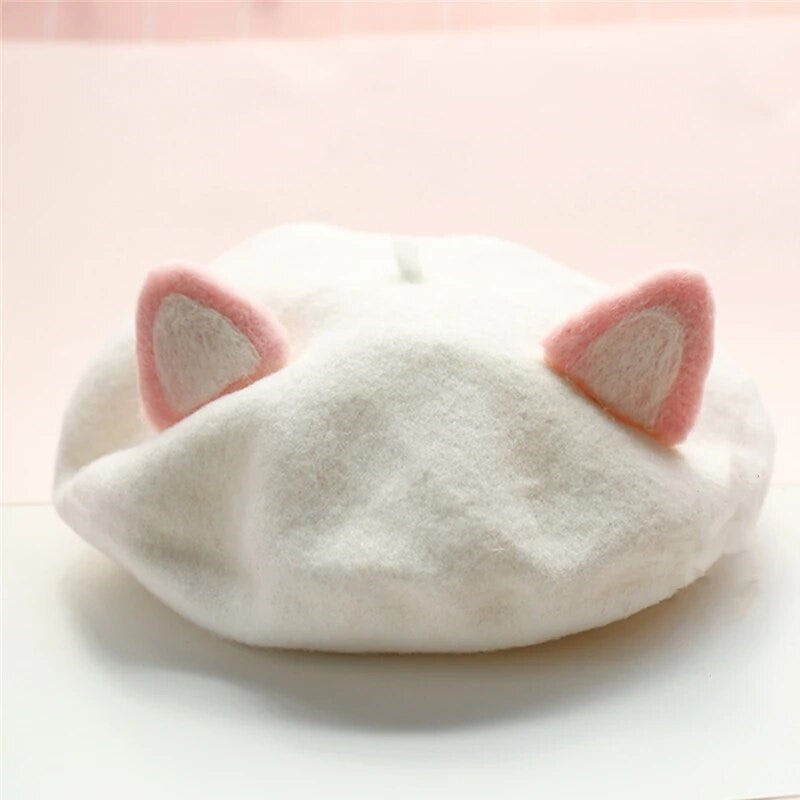 White Lovely Cat Ear Beret