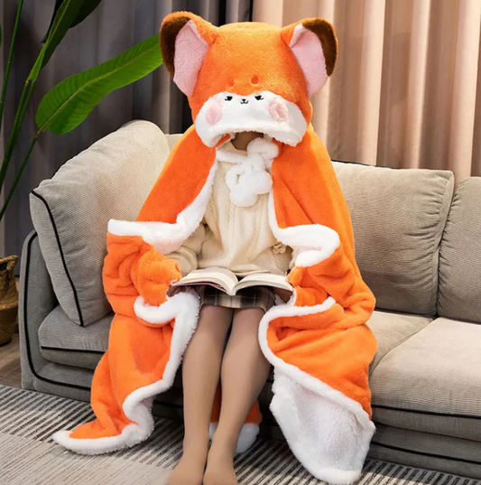 Kawaii Fox Plush Hoodie Blanket Robe