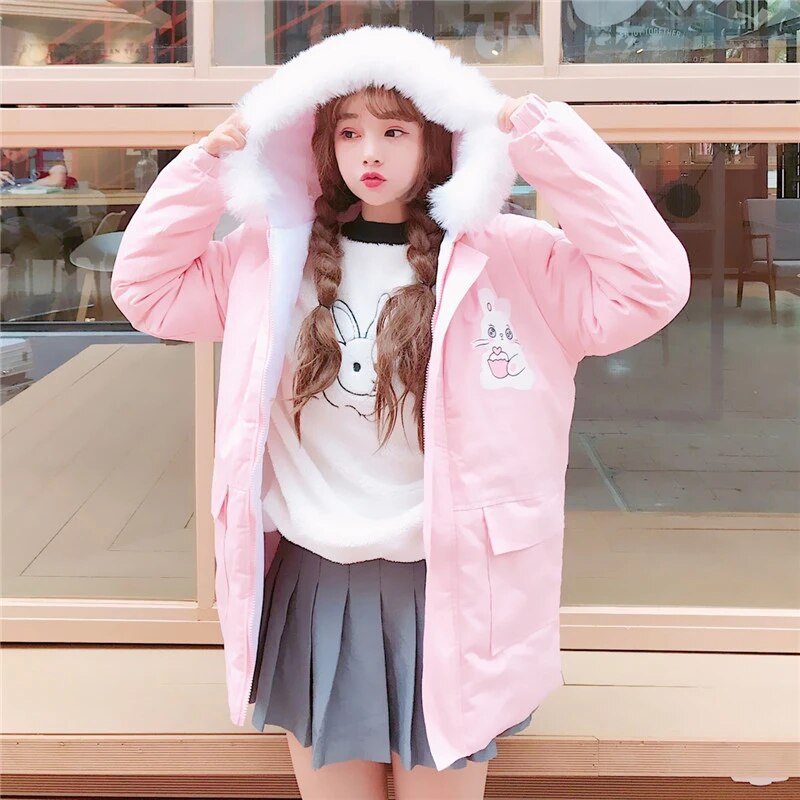 Cute Bunny Fur Hooded Winter Coat