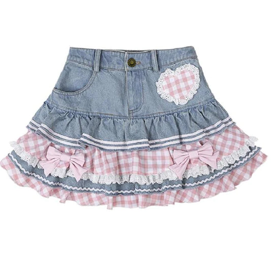 Ruffle Layer Heart Denim Skirt